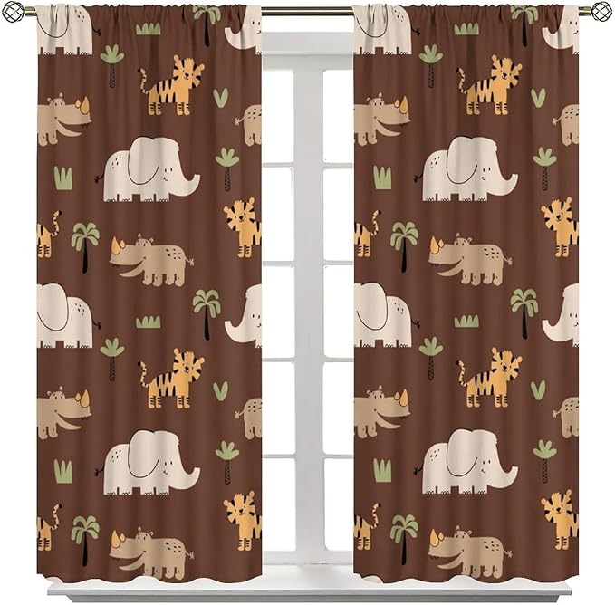 Jungle Safari Animals Blackout Curtains Cartoon Tropical Forest Animals Elephant Tiger Brown Art Print for Kids Boys Bedroom Nursery Rod Pocket Decoration Window Drapes 2 Panels W36xL63in