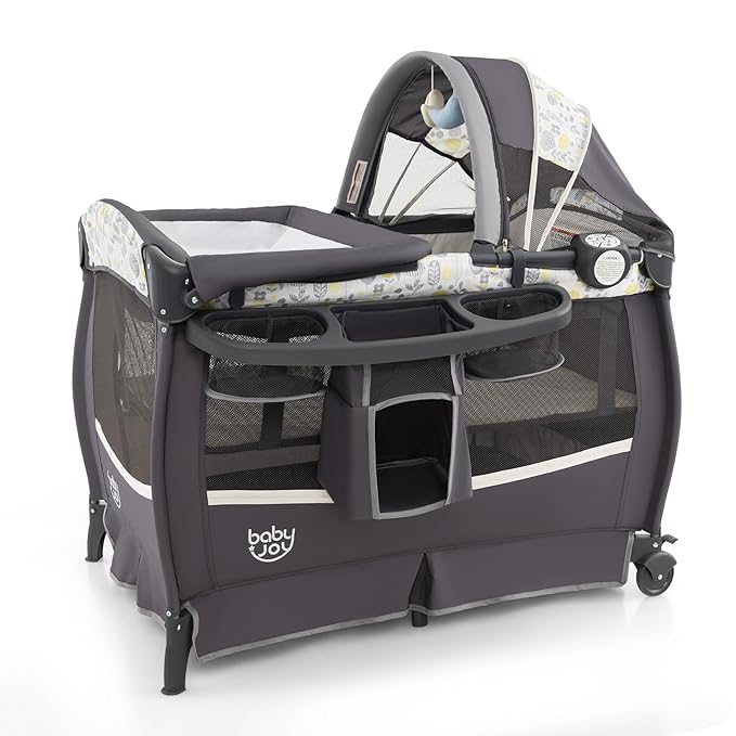 BABY JOY 4 in 1 Pack and Play, Portable Baby Playard with Bassinet & Flip-Away Changing Table, Canopy, Infant Bassinet Activity Center with Storage Basket, Oxford Bag from Newborn to Toddlers