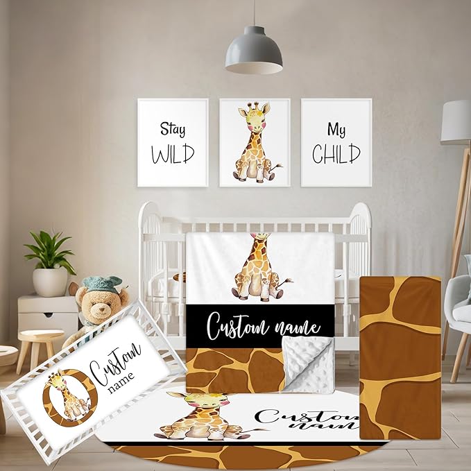 Personalized Crib Bedding Set, 5 Pcs Custom Name Nursery Bedding Sets, Giraff Infant Bedding Set for Boys Girls, Double Layer Flannel Baby Crib Set, Customized Gifts for Babies Toddlers Kids