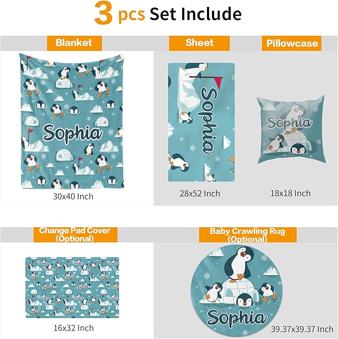 Custom Crib Bedding Set - Penguin Design Personalized Name Baby Nursery Bedding 3 Pcs Set - Chic Soft Blanket, Sheet, Pillowcase for Newborns Boys Girls Gifts Color15