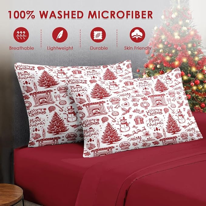 5 Pcs Twin Size Christmas Comforter Set with Pillowcase & Sham, Happy Xmas Red Pine Tree Bedding for Kids and Adults, Merry Winter Bed in a Bag with Flat Fitted Sheet