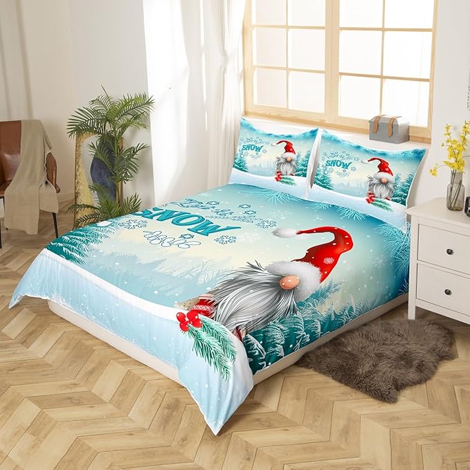 Manfei Winter Duvet Cover Set Queen Size, Christmas Gnomes Bedding Set 3pcs for Kids Boys Girls Bedroom Decor, White Snowflake and Trees Print Xmas Comforter Cover with 2 Pillowcases,No Comforter