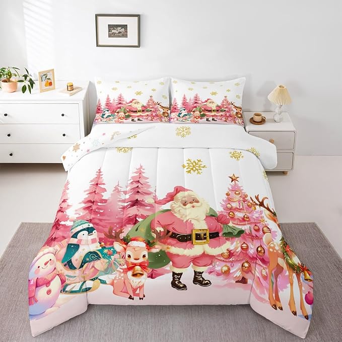 jejeloiu Merry Christmas Comforter Set Toddler Size Santa Claus Bedding Set for Kids Boys Girls Cute Deer Duvet Quilt White Bedroom Decor