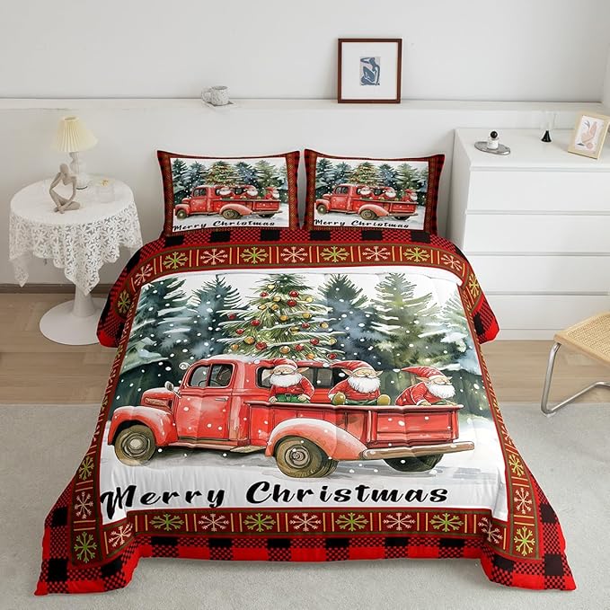 Merry Christmas Comforter Set Twin Size,Retro Red Truck Christmas Tree Bedding Set for Kids Boys Girls Room Decor,Gnome Snowflake Xmas Quilt Set 2Pcs,Black Red Plaid Duvet Insert,1 Pillowcase