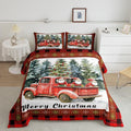 Merry Christmas Comforter Set Queen Size,Retro Red Truck Christmas Tree Bedding Set for Kids Boys Girls Room Decor,Gnome Snowflake Xmas Duvet Insert 3Pcs,Black Red Plaid Quilt Set,2 Pillowcases