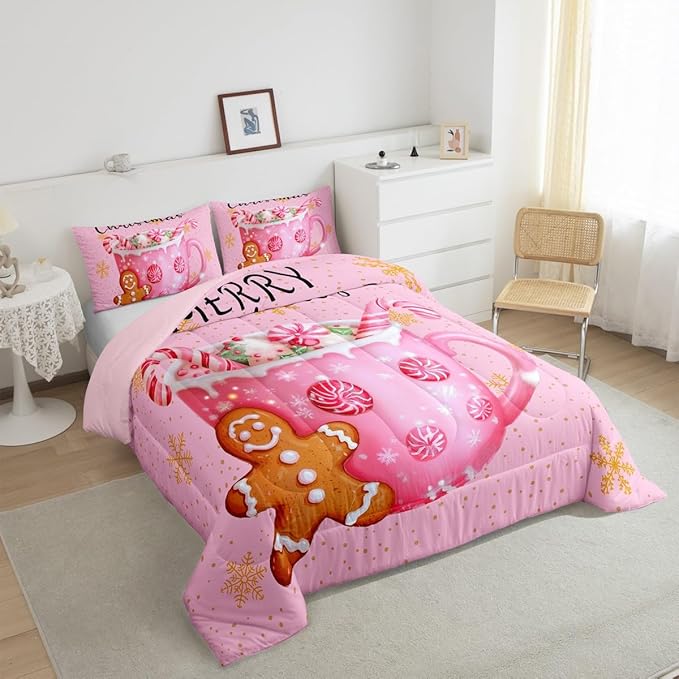 Erosebridal Merry Kids King Comforter Sets Christmas Decor Bedding Sets Pink Xmas Snowflake Down Comforter Dessert Gingerbread Man Bed Set for Boys Girls Teens