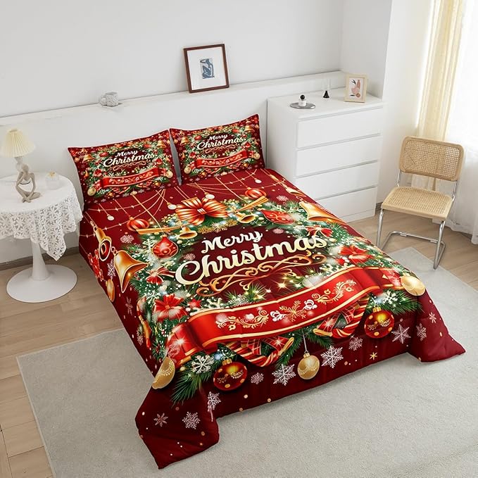 Merry Christmas Comforter Set - Queen Size, Kids Bedding Set with Snowflake & Wreath Pattern, Red Xmas Ball Glitter Duvet Insert (3Pcs), Quilt Set with 2 Pillowcases