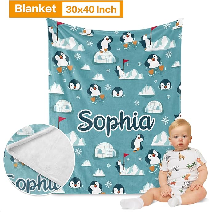 Custom Crib Bedding Set - Penguin Design Personalized Name Baby Nursery Bedding 3 Pcs Set - Chic Soft Blanket, Sheet, Pillowcase for Newborns Boys Girls Gifts Color15