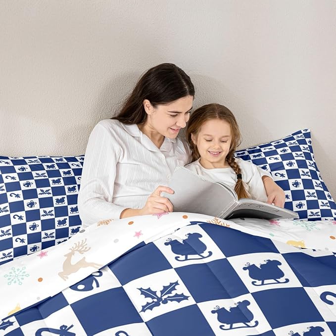 Feelyou Christmas Comforter Set All Season Checkered Pattern Bedding Set with 1 Pillow Cases Holiday Theme Kids Toddler Bedclothes Xmas Decor Room Decor Blue Duvet Quilt Breathable Soft Lightweight
