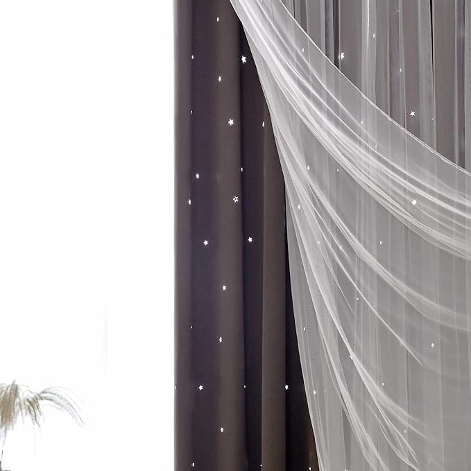 Kinryb Kids Blackout Curtains for Bedroom/Living Room/Classroom, Sheer Overlay 2 Free Tiebacks, Double Layer Curtains with Star Cutout for Kids Room(Each Piece W 70 x L 72 Inches 2 Pcs Chocolate)