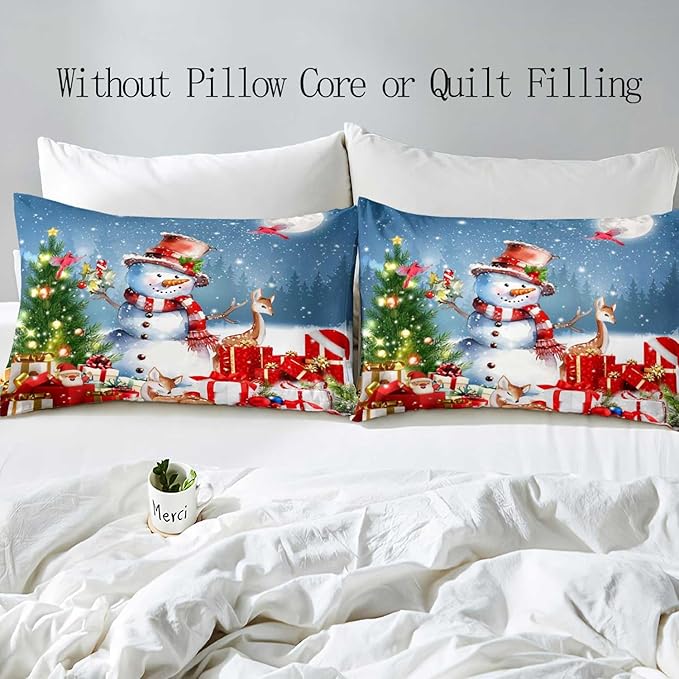 LUVIVIHOME 3PCS Cute Snowman Duvet Cover Queen Bedding, Christmas Bedding, Santa Claus Deer Cardinal Christmas Tree Winter Holiday New Year Xmas Gifts Christmas Comforter Quilt Cover, 2 Pillow Shams