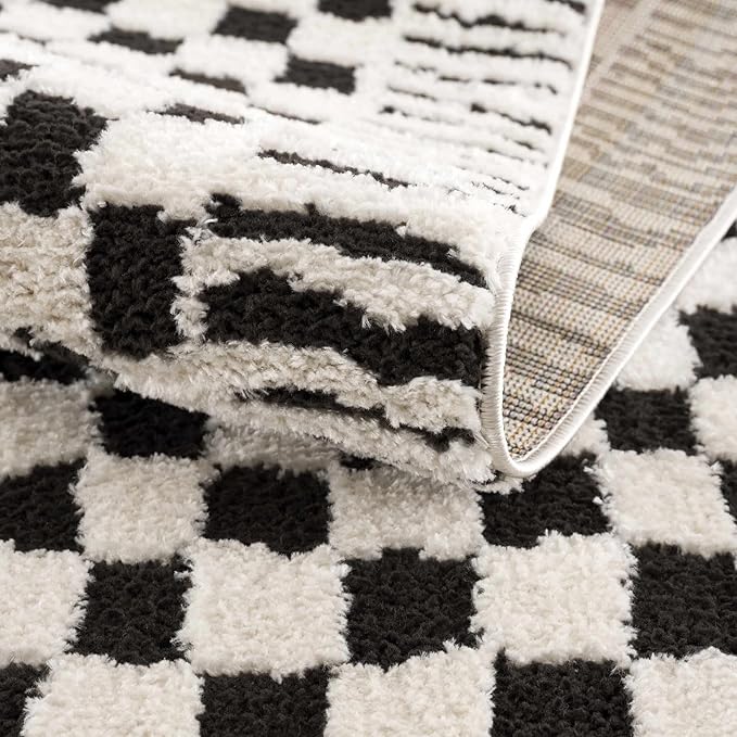 Hauteloom Leryn Contemporary Checkered Runner Rug - Modern Geometric Bordered Carpet for Hallway, Kitchen - Checkboard Design - Square Tiles - High Pile - Black and White - 2'8" x 7'3" (2x8)
