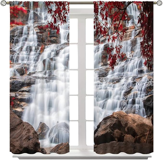 Waterfall Blackout Windows Curtains, Waterfall Red Forest Pattern Nature View Curtains, for Living Room Bedroom 52x84in 2 Panels