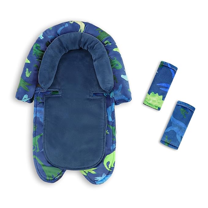 Baby Car Seat Head Support with Extra Headrest, 2-in-1 Babybody Supports with Shoulder Pads Set for Newborn, Adjustable Infant Car Seat Insert Compatible with Stroller, Baby Swing (Blue Dinosaur)