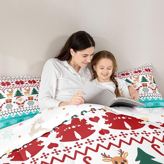 Feelyou Merry Christmas Bedding Set Soft for Boys Girls, Santa Claus Comforter Set Full Size Cute Deer Duvet Quilt Microfiber Snowflake Bedroom Decor 3 Pcs with 2 Pillow Cases