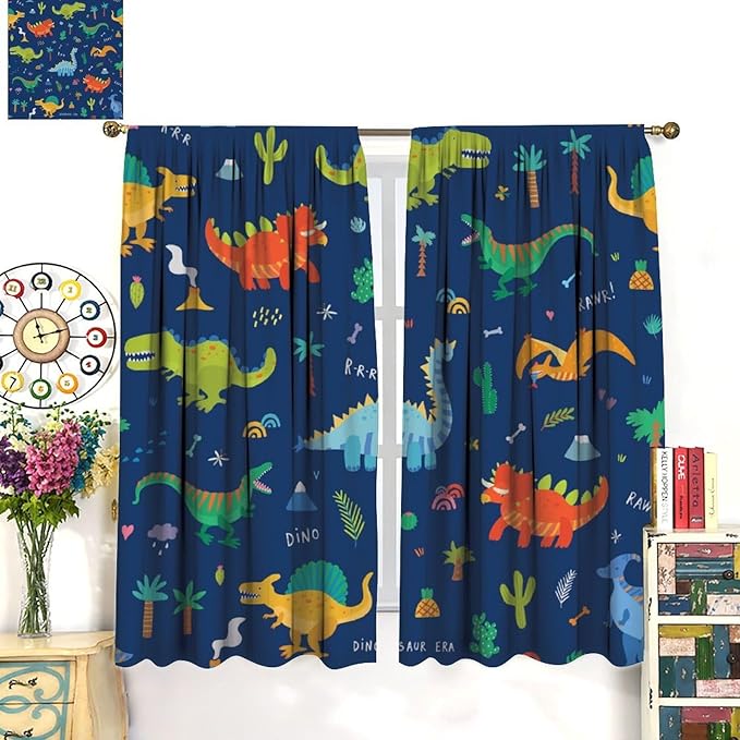 Funny Dinosaur Blackout Curtains Colorful Cartoon Animals Dino Tropical Plant Art Print for Kids Boys Bedroom Living Room Rod Pocket Decoration Window Drapes 2 Panels W26xL84in
