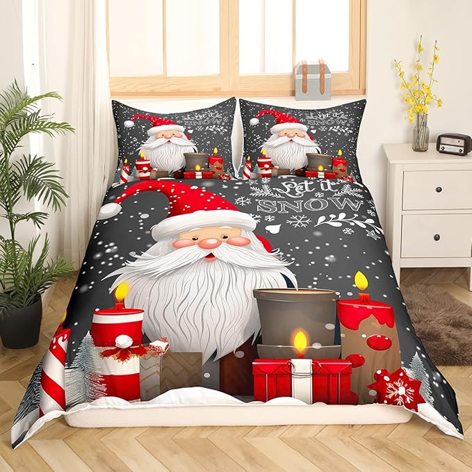 Christmas Duvet Cover Set Full Size Santa Claus with Candles and Gift Boxes Print Bedding Set 3pcs for Kids Boys New Year Theme Comforter Cover Winter Snow Quilt Cover with 2 Pillowcases,No Comforter
