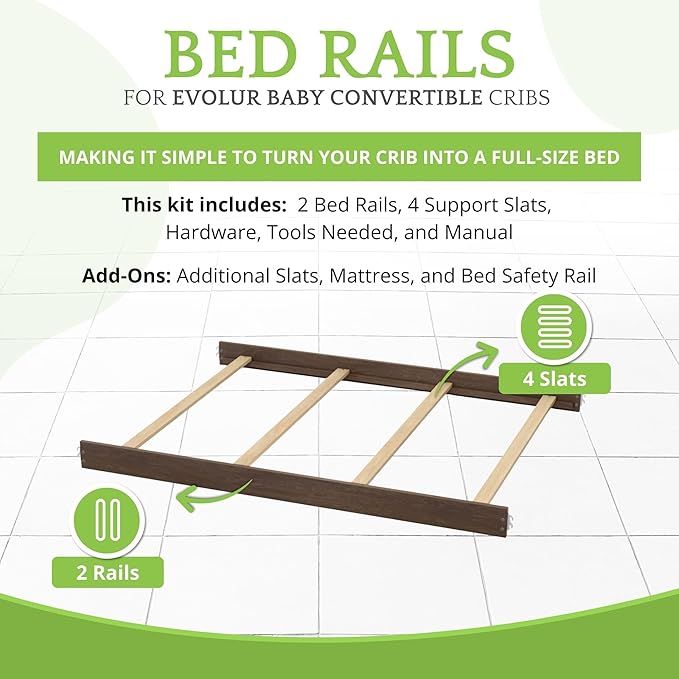 Full-Size Conversion Kit Bed Rails for Evolur Cribs - Solid Wood Crib Convertible Kit to Kids Bed - Transitional Style Rails & Easy-to-Install Child Essentials for Safety (Antique Brown)