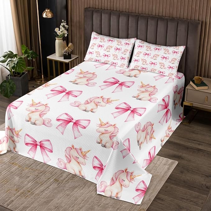 Manfei Cartoon Unicron Kids Bedspread Twin Size,Pink Bowknot Bow Tie Princess Tale Coverlet Set,Girls Women Room Decor,Cute Unicorn Bow Toddler Quilted Coverlet,Lovely Chic Bedding Quilt,1 Pillowcase