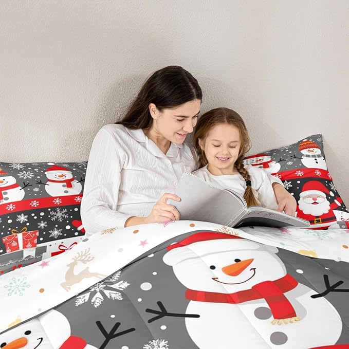 Feelyou Christmas Bedding Set Soft for Boys Girls, Merry Christmas Comforter Set King Size New Year Gift Duvet Quilt Microfiber Snowflake Bedroom Decor 3 Pcs with 2 Pillow Cases