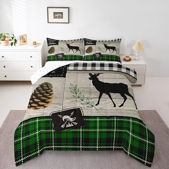 Deer Silhouette Kids Comforter Set King Size,Old Plank Leaves Bedding,Girls Boys Adults Bedroom/Xmas Cabin Decor,Geometric Grid Plaid Retro Down Comforter,Rustic Farmhouse Duvet Insert,2 Pillowcases