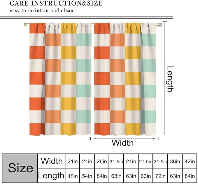 70s Retro Curtains,Cute Green Pink Yellow Checkered Hippie Window Treatments for Kids Girl Bedroom Window 55"" W X 63"" L, Style-7