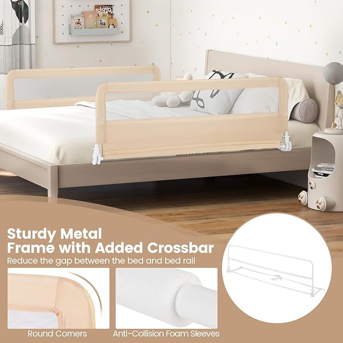 HONEY JOY Bed Rail for Toddlers, 59-in Extra Long, Portable Safety Bed Guardrail w/Double Safety Child Lock, Foldable Baby Bed Rail Guard, Fit King & Queen Full Twin Size Bed Mattress (1 Pack, Beige)