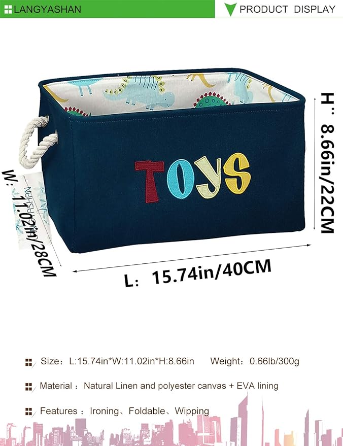 LANGYASHAN Rectangular Storage Bin Collapse Canvas Fabric Cartoon Storage Basket with Handles for Organizing Home Kitchen Boys and Girls Toys Office Closet Shelf Baskets (Navy toys)