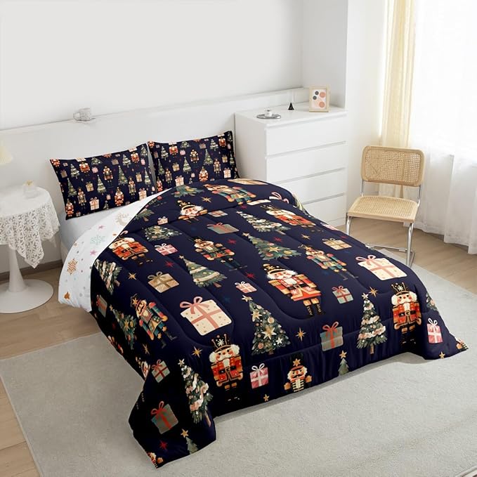 jejeloiu Xmas Nutcracker Comforter Set Full Size Christmas Dark Blue Bedding Set for Kids Boys Girls Cute Snowflakes Duvet Quilt Bedroom Decor