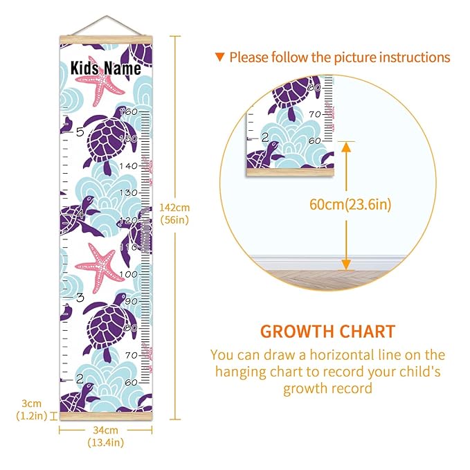 Personalized Kids Name Growth Chart Ruler for Wall Wood Frame Height Measure Chart 13.4x56 in Linen Hanging Height Growth Chart Sea Turtle Starfish Coral Kids Room Decor
