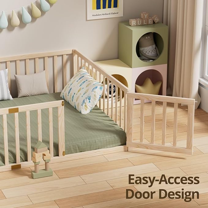 LLS Full Size Floor Bed with 21.6" High Fence for Kids Boys Girls, Solid Wood Multifunctional Montessori Bed Frame with Door, Without Slats, Natural
