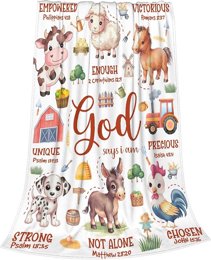 Farm Animal Blanket,Bible Verse Blanket, Christian Gifts, Cow Sheep Horse Chicken Dog Tractor Print Blankets,Cute Religious Gifts,Farm Animals Lover Room Bed Decoration, 30"x40"