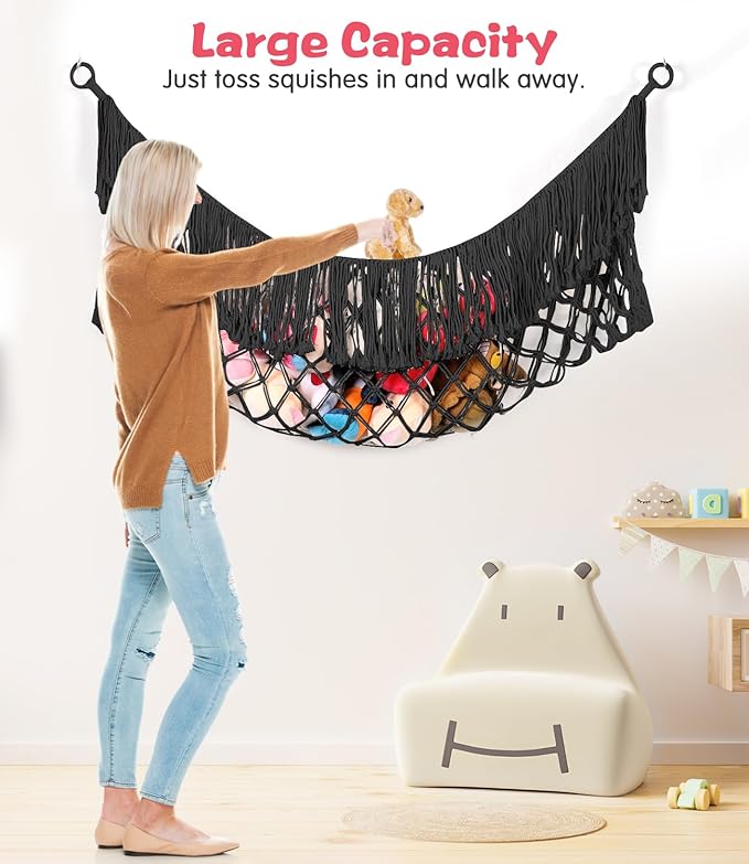 Stuffed Animal Hammock - Extra Large 63'' Long, Stuffed Animal Storage, stuffed animal Holder net, Toy Hammock Large, Toy Storage Hanging Organizer - Black