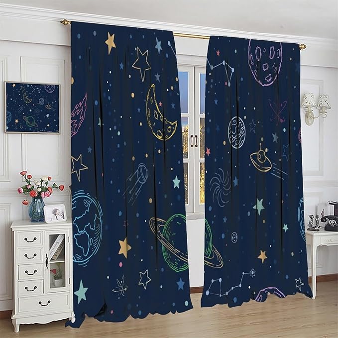 Navy Blue Space Curtains, Cartoon Outer Space Stars Planets Theme Galaxy Curtains for Kids Teens Bedroom Nursery Toddlers Room 55" W X 63" L
