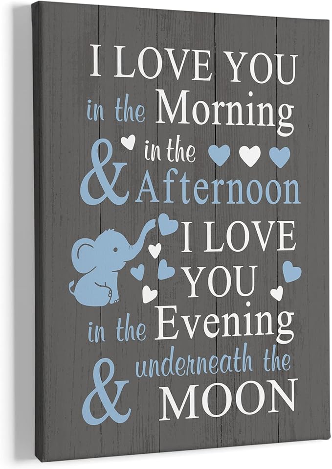 HIWX Baby Elephant Nursery Decor - I Love You In The Morning Sign Framed Canvas Painting Wall Art Decor, Elephant Wall Art, Baby Room Bedroom 11x14