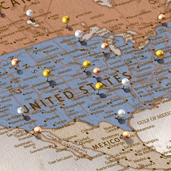 ElephantStock - Personalized Journey V Push Pin World Map Wall Art - Horizontal Canvas Wall Art - Living Room Wall Decor - Digital Art Map Canvas Art - Beige And Orange Decor - 51" x 34"