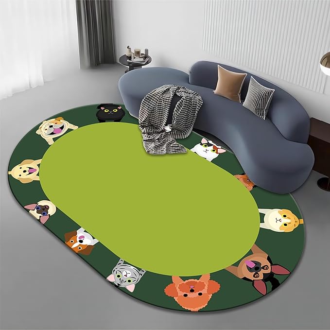 Cat and Dog Kids Area Rug, 5x8ft, Children's Pet Print Oval Rugs, Children's Educational Learning Animal Play Mat for School Classroom, Non-Slip Washable Green Carpet for Nursery Bedroom