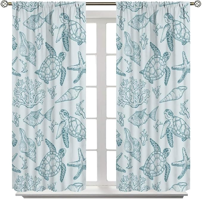 Turtle Starfish Curtains,Coral Starfish Seashell Beach Sea Seashell Theme Pattern Blackout Print Home Bedroom Living Room Window Treatmen 2 Panel Set 63x72 Inch