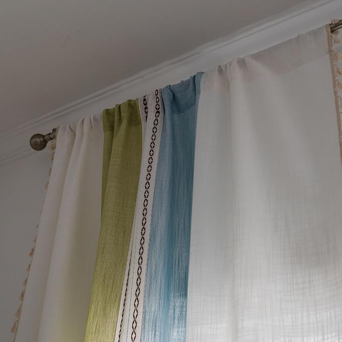 Deeprove Boho Linen Curtains 63 inch for Bedroom Living Room, Semi Blackout American Farmhouse Tassels Window Treatment Bohemian Embroidery Drape Rod Pocket 1 Panel 52" W x 63" L, Blue and Sage Green