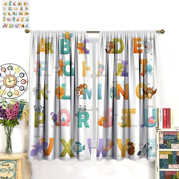 Kids Alphabet Curtains Educational Baby Cartoon Animals Colorful Cute Curtain with Rod Pocket for Nursery Living Room Home Decor Drapes Window Treatments 2 Panels Set 42x54 Inch
