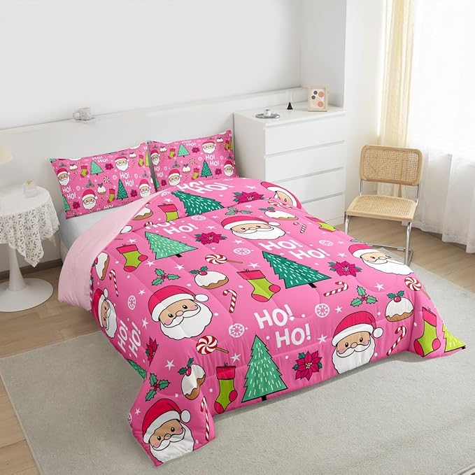 Feelyou Pink Merry Christmas Comforter Set All Season Santa Claus Bedding Set with 1 Pillow Cases Xmas Microfiber Kids Toddler Bedclothes Happy New Year Bedroom Decor Duvet Quilt Soft Lightweight