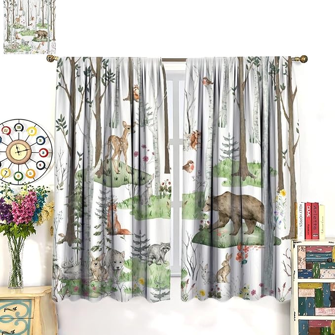 YCness Woodland Animals Curtains, Wild Animals Watercolor Forest Bear Deer Fox Rabbit Floral Nature Window Treatments for Bedroom Kitchen Nursery Living Room Drapes, 42x54 Inch
