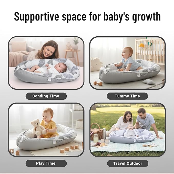 Baby Lounger – Infant Lounger for Newborn 0–24 Months, Baby Nest Lounger, Portable Newborn Lounger, Soft Breathable Cotton, Essentials for Babies at Home and Travel (Gray Feather)