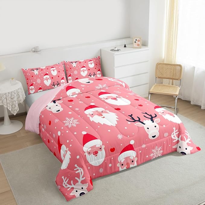 Feelyou Christmas Comforter Set All Season Santa Deer Bedding Set with 2 Pillow Cases Snowflake Microfiber Kids King Bedclothes Bedroom Decor Duvet Quilt Breathable Soft Lightweight