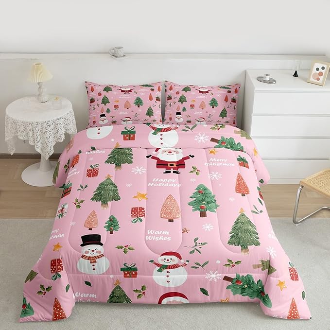 Feelyou Pink Christmas Comforter Set Full Size Snowman Bedding Set for Kids Boys Girls Xmas Tree Duvet Quilt Bedroom Decor Microfiber 3 Pcs with 2 Pillow Cases