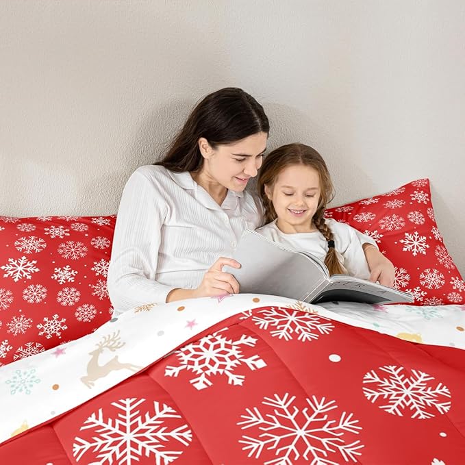 Feelyou Christmas Comforter Set All Season Winter Snowflake Bedding Set with 1 Pillow Cases Xmas Festival Microfiber Kids Toddler Bedclothes Snowflake Red Bedroom Decor Duvet Quilt Breathable Soft