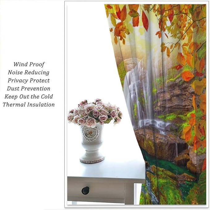 Waterfall Blackout Curtains, Waterfall Landscape Autumn Nature Leaves Forest Window Drapes, for Bedroom Living Room 55" W X 63" L