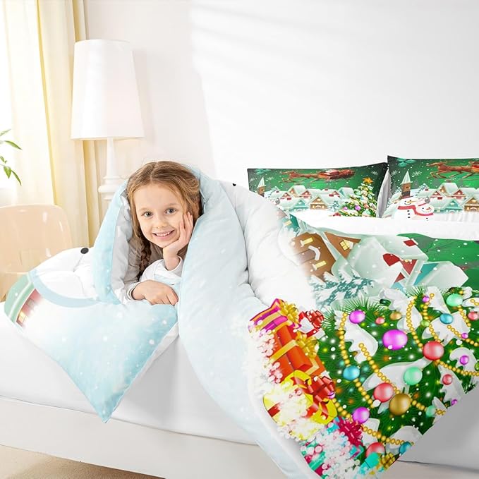 Manfei Christmas Comforter Set Full Size, Snowman Xmas Tree Quilt Set with 2 Pillowcases, Santa Claus with Deer Bedding Set 3pcs for Kids Boys Girls Room Decor New Year Theme Duvet Insert