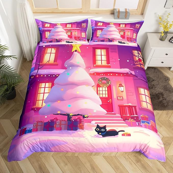 Feelyou Cute Christmas Comforter Cover Set Tree Bedding King Size for Kids Boys Girls Bedroom Bed Decor Xmas Duvet Cover Merry Christmas Bedspread, No Comforter