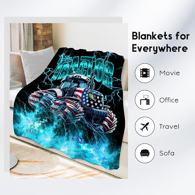 Kids Blanket Tractor Blankets Gifts for Toddler Boys, 50"x60" Fleece Soft Cozy Car Theme Throw for Couch Bed